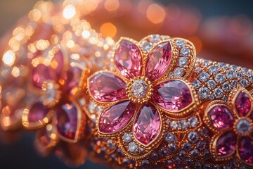 Fototapeta premium Floral pink gemstone bracelet with diamond accents