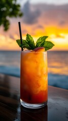 A close-up view captures a refreshing cocktail adorned with mint leaves, resting on a beach bar as the sun sets. The vibrant orange and red hues of the drink complement the evening sky.