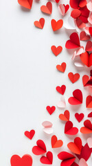 Paper hearts falling vertically, red and white colors decorating minimal white background for romantic Valentine graphic design