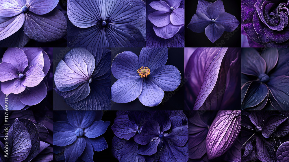 Poster collection of various purple flowers showcasing unique shapes and textures in a vibrant display of n