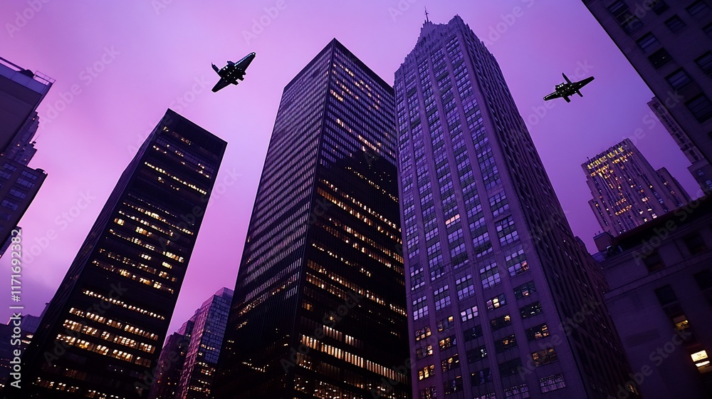 Aufkleber low angle view of skyscrapers at dusk with two airplanes flying overhead.