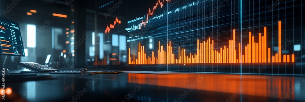 Poster financial data displayed on a large screen in a modern office.