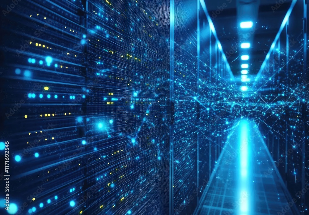 Aufkleber A digital AI server room with glowing data streams symbolizing the advanced technology powering artificial intelligence. Ideal for tech, AI, and innovation themes