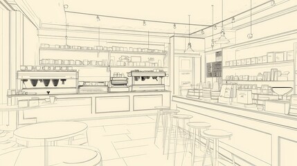 A line drawing of a cozy caf&eacute; interior with seating and a coffee bar.
