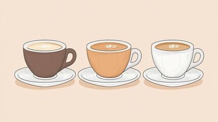 Three coffee cups in varying shades on saucers against a soft background.
