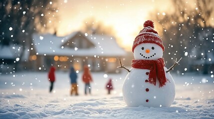 Fototapeta premium A snowman wearing winter stands in the middle of an open space, with children playing on the snowy ground and houses in the background.