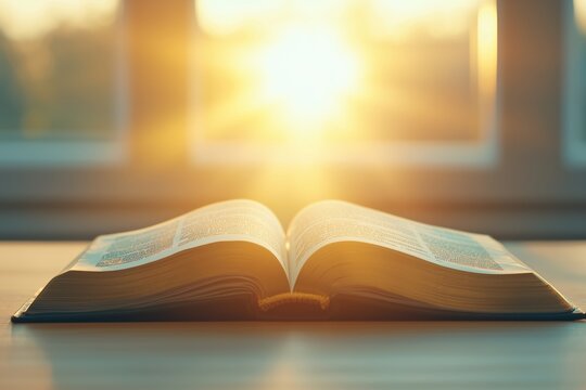 Bright sun light and bible book silhouette of the Holy Jesus Christ guiding the bright path	
