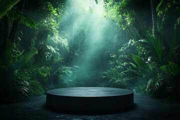 3d podium background product green nature forest green plant, pedestal stone display product cosmetic podium mockup, dynamic mysterious deep forest studio thick dew backdrops 