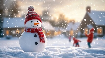 Fototapeta premium A snowman wearing winter stands in the middle of an open space, with children playing on the snowy ground and houses in the background.