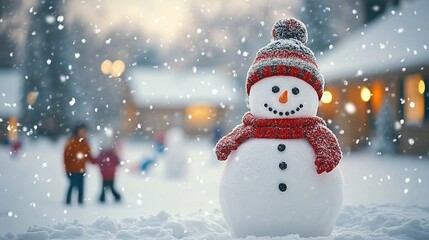 A snowman wearing winter stands in the middle of an open space, with children playing on the snowy ground and houses in the background.