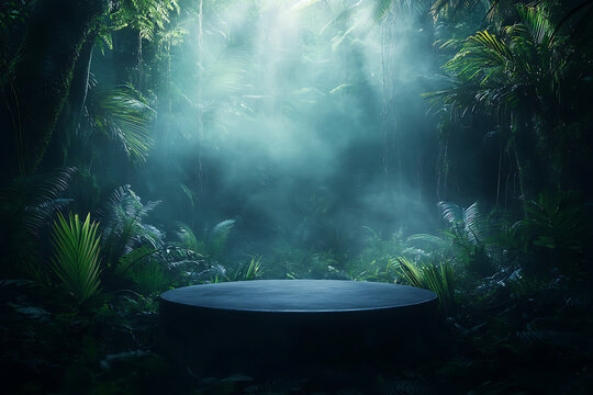 3d podium background product green nature forest green plant, pedestal stone display product cosmetic podium mockup, dynamic mysterious forest studio backdrops dark light blue