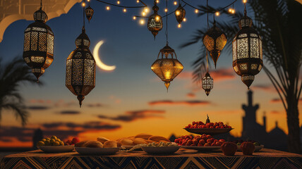 Ramadan Background image with Iftar items and lanterns 
