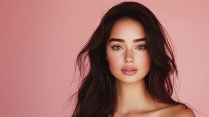 Fototapeta premium A young woman with striking features gazes gently at the viewer against a soft pink background.