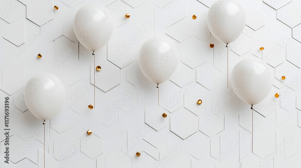 Poster five white balloons against a white hexagonal background with gold confetti.