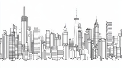 Fototapeta premium Outline illustration of a city skyline featuring various tall buildings and structures.