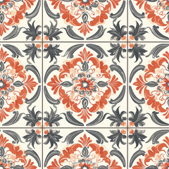 seamless pattern of vibrant ceramic tile pattern featuring intricate floral designs in orange, blue, and gray tones on a light background.