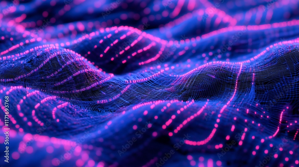 Poster abstract digital wave pattern with glowing pink dots on a blue background.