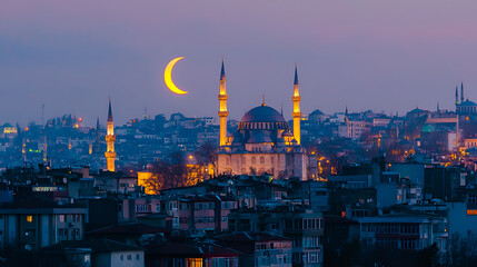 Obraz premium Serene Mosque at Dusk: A captivating shot of a mosque's illuminated minarets and dome set against the serene backdrop of a twilight sky, with a crescent moon adding a touch of celestial beauty.