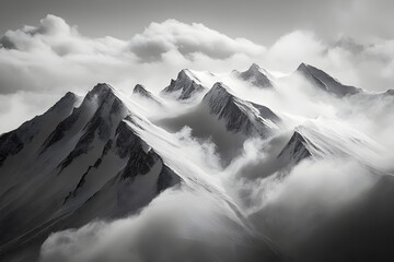 Obraz premium Dramatic black and white image of snow-covered mountain peaks with clouds swirling around them.