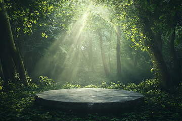 3d podium background product green nature forest green plant, pedestal stone display product cosmetic podium mockup, dynamic mysterious forest studio backdrops