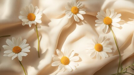 Obraz premium Soft light illuminates delicate daisies arranged on creamy fabric.