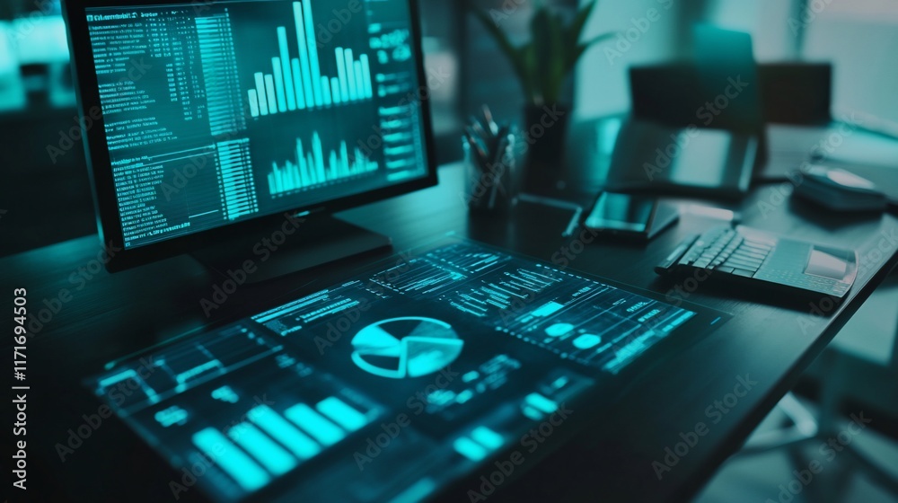 Aufkleber Futuristic workspace with computer displaying data analytics and charts.