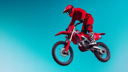 Red motocross bike soars through the air against a vibrant blue sky.  The rider is in mid-air, showcasing intense action.
