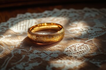 Gold wedding band with floral engravings on lace fabric
