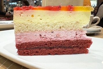 Close-up of a colorful layered cake slice on a white plate