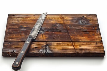 A rustic wooden cutting board with a sharp knife, perfect for culinary presentations and kitchen aesthetics.