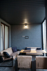 Recreation area in the yard. Bench and table.