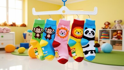 Obraz premium Colorful animal socks displayed in a playroom fun children's apparel bright environment