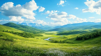 Fototapeta premium Serene Landscape of Majestic Valley with Rolling Hills and Sparkling River