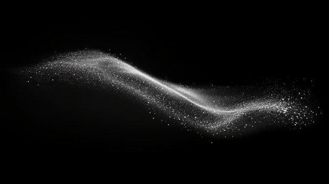 Glimmering white powder floats, creating an elegant, flowing design against a stark black background.