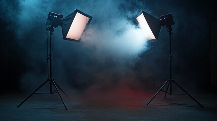 Cinematic studio setup with softbox lights and dramatic fog effects