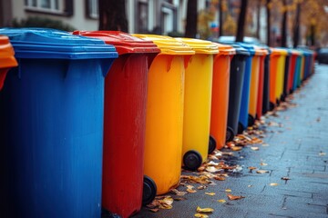 Recycling bins in vibrant colors are arranged along a street as autumn leaves cover the pavement in a city setting. Generative AI