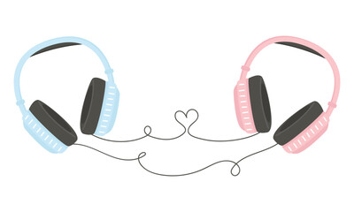 Pastel headphones and heart-shaped cables for Valentine's Day and romantic themes. Vector illustration in flat style.