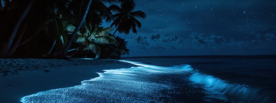 A mesmerizing view of the bioluminescent beaches in Vaadhoo Island, Maldives, Coastal scene