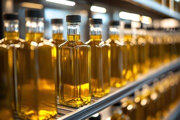 A high-end display of premium olive oil, arranged neatly in glass bottles on sleek metal shelves, with soft LED lighting highlighting the rich, golden color.