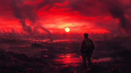 Fototapeta premium Lone soldier contemplates a post-apocalyptic, crimson sunset over a ravaged landscape.