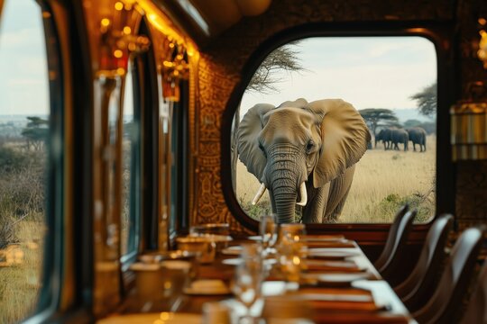 Elephant viewed from a luxury train dining car window