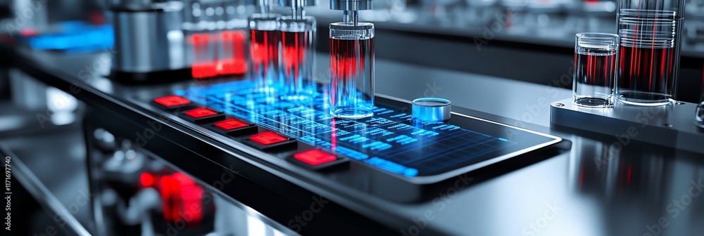 Poster futuristic laboratory scene with test tubes, digital interface, and glowing elements.
