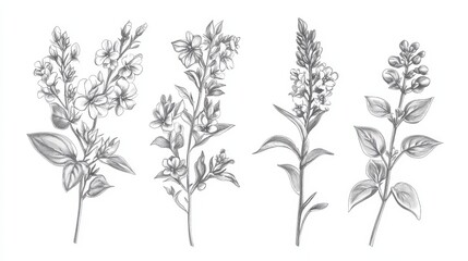Naklejka premium Wild flowers vector collection. herbs, herbaceous flowering plants, blooming flowers, subshrubs isolated on white background. Hand drawn detailed botanical vector illustration.