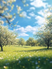 Naklejka premium Beautiful blurred spring background nature with blooming glade, trees and blue sky on a sunny day. generative ai.