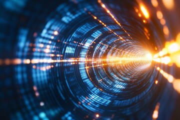 Blue and orange tunnel with a bright orange light at the end