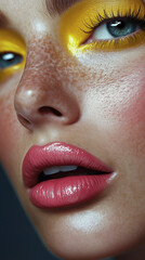 Naklejka premium Beauty portrait of woman with yellow eye makeup and pink lipstick, editorial style