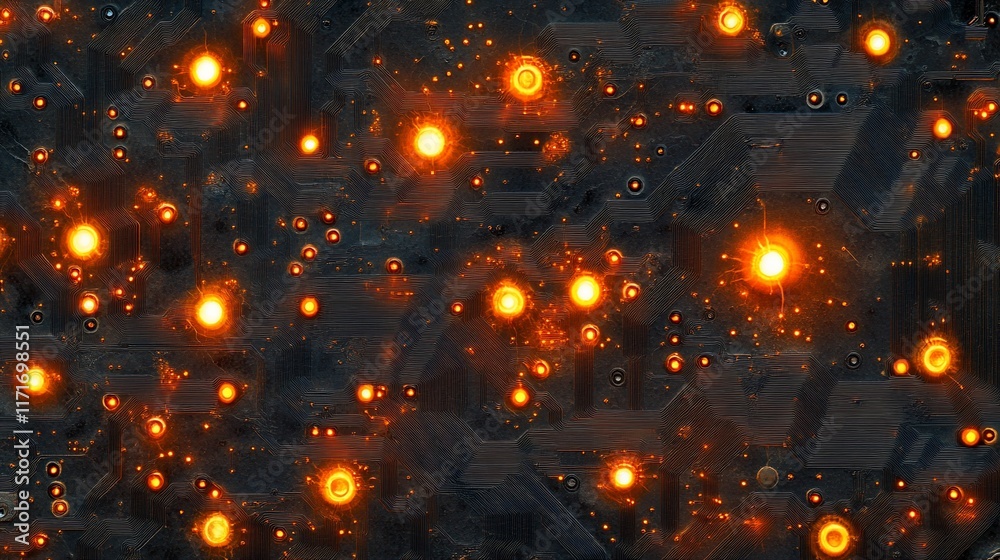 Aufkleber Abstract dark background with glowing orange lights, resembling a circuit board or technological texture.