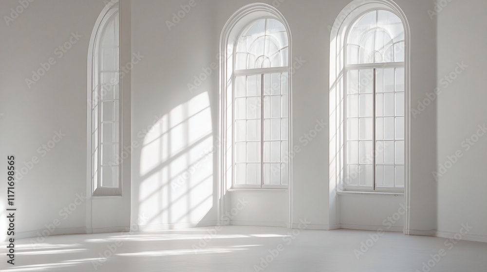 Poster Sunlit empty room with three arched windows and white walls.