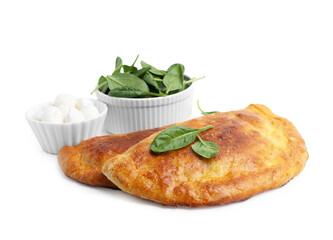 Tasty calzones with basil and mozzarella cheese isolated on white