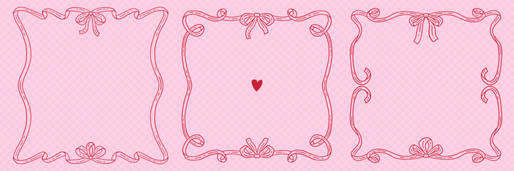 Vintage ribbon frames set in hand drawn doodle style for greeting card, wedding, menu, birthday, friendsmas, retro party invitation design. Wavy frames with bow in elegant coquette style. Vector.